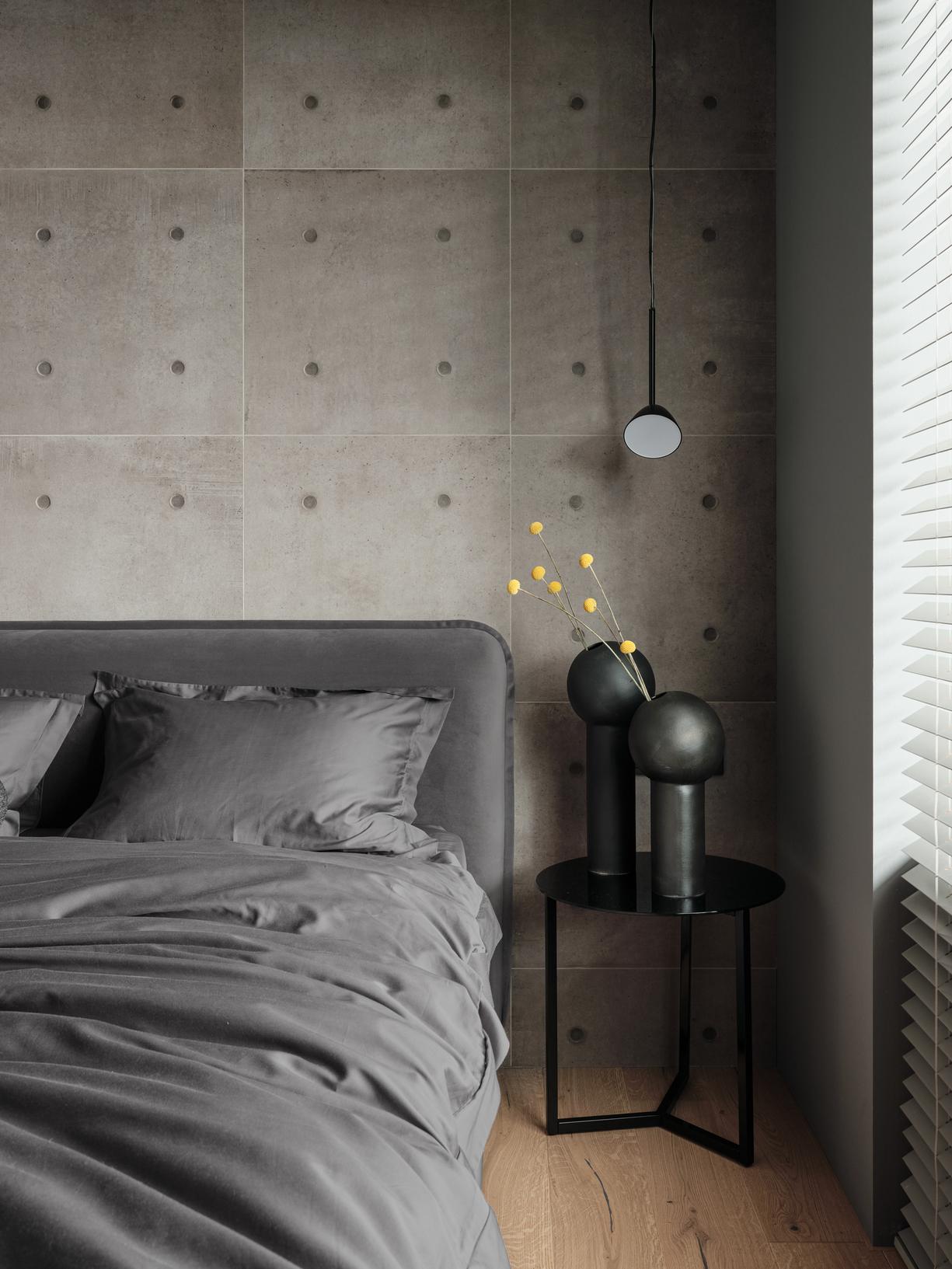 chambre mur papier-peint béton deux-pièces appartement 43m2 chambre mur papier-peint béton deux-pièces appartement 43m2