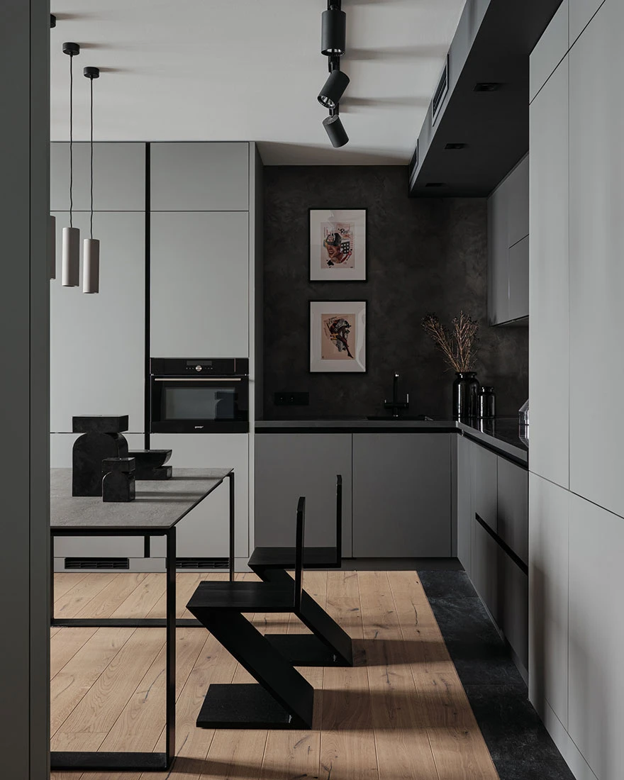 cuisine ouverte grise murs gris deux-pièces appartement 43m2 cuisine ouverte grise murs gris deux-pièces appartement 43m2