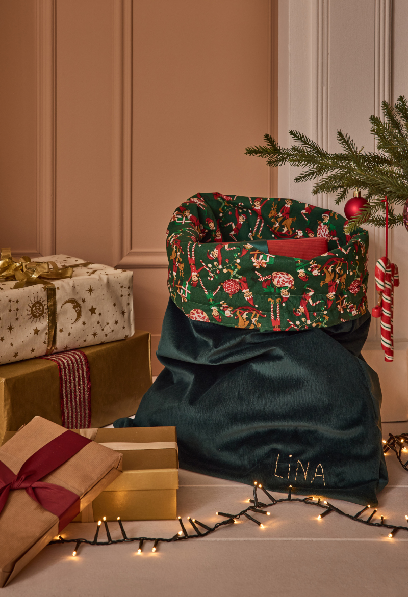 sac à jouets velours vert cuisine Mondial Tissus Noël