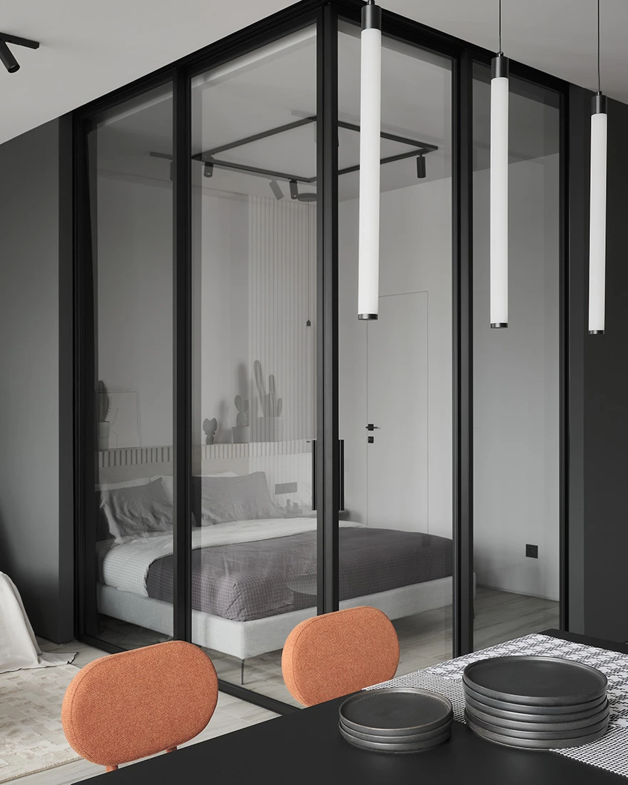 espace chambre fermé par rideaux studio 50m2 décoration minimaliste noire et blanche espace chambre fermé par rideaux studio 50m2 décoration minimaliste noire et blanche