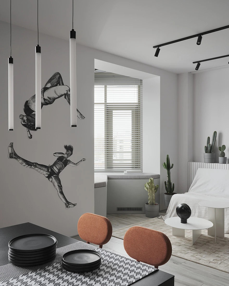 studio 50m2 avec espace chambre vitré et décoration minimaliste noire et blanche studio 50m2 avec espace chambre vitré et décoration minimaliste noire et blanche