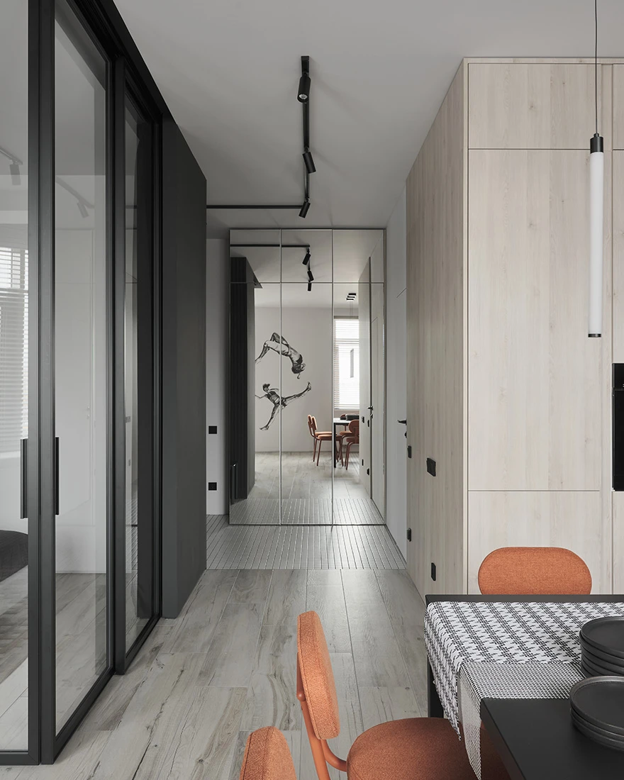 studio 50m2 avec espace chambre vitré et décoration minimaliste noire et blanche studio 50m2 avec espace chambre vitré et décoration minimaliste noire et blanche