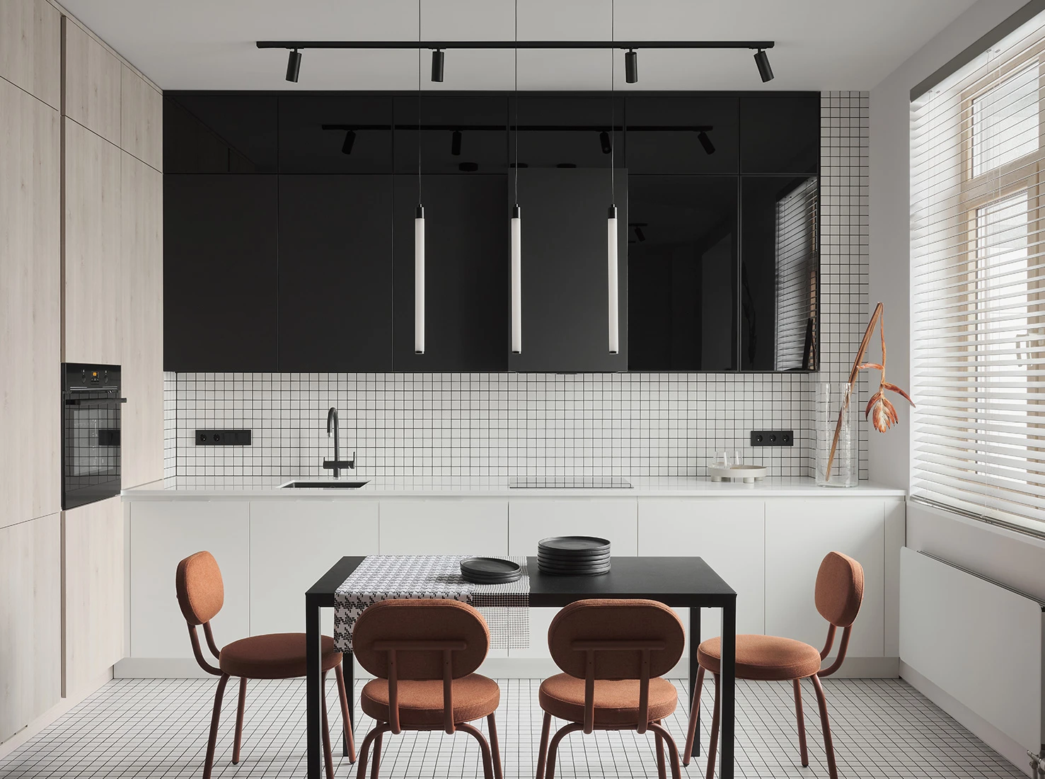 cuisine et salle à manger studio 50m2 décoration minimaliste noire et blanche cuisine et salle à manger studio 50m2 décoration minimaliste noire et blanche