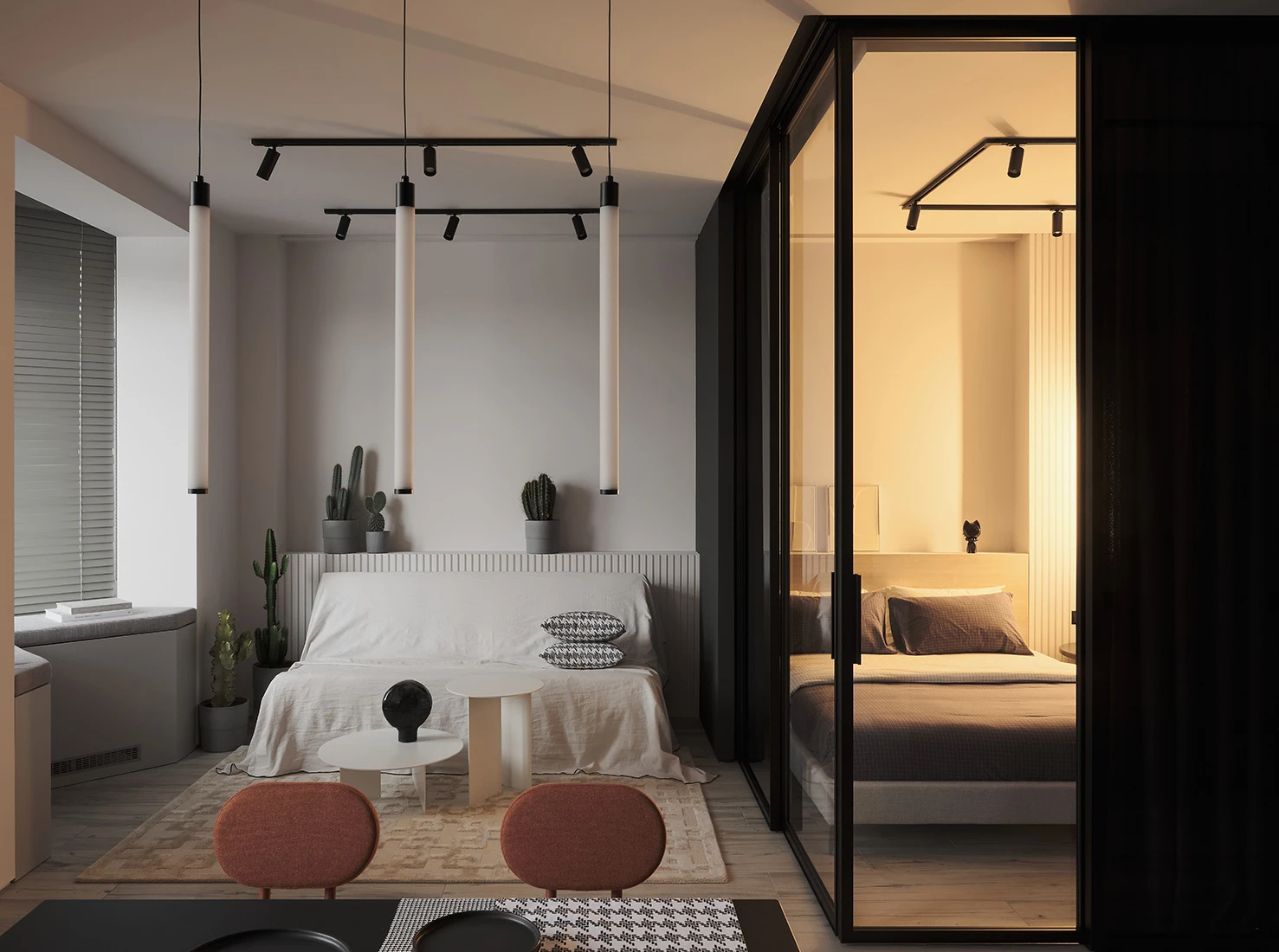 studio 50m2 avec espace chambre vitré décoration minimaliste noire et blanche studio 50m2 avec espace chambre vitré décoration minimaliste noire et blanche