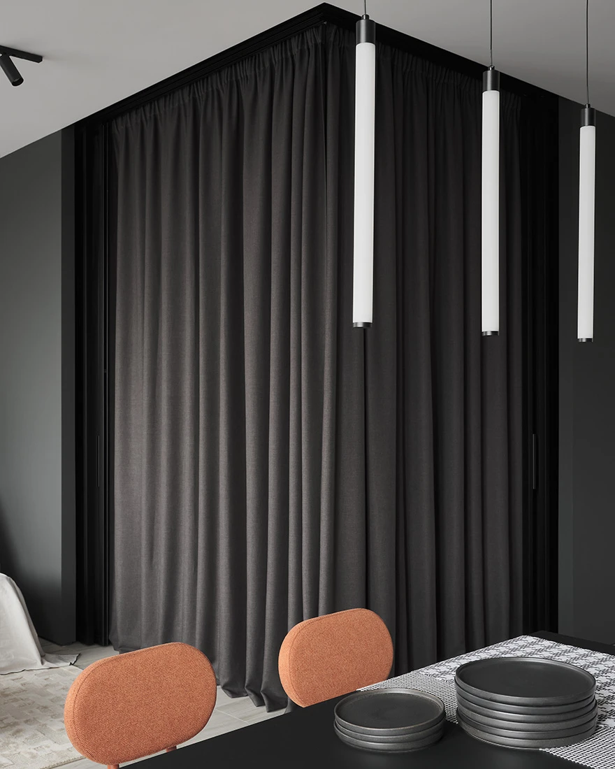 espace chambre fermé par rideaux studio 50m2 décoration minimaliste noire et blanche espace chambre fermé par rideaux studio 50m2 décoration minimaliste noire et blanche
