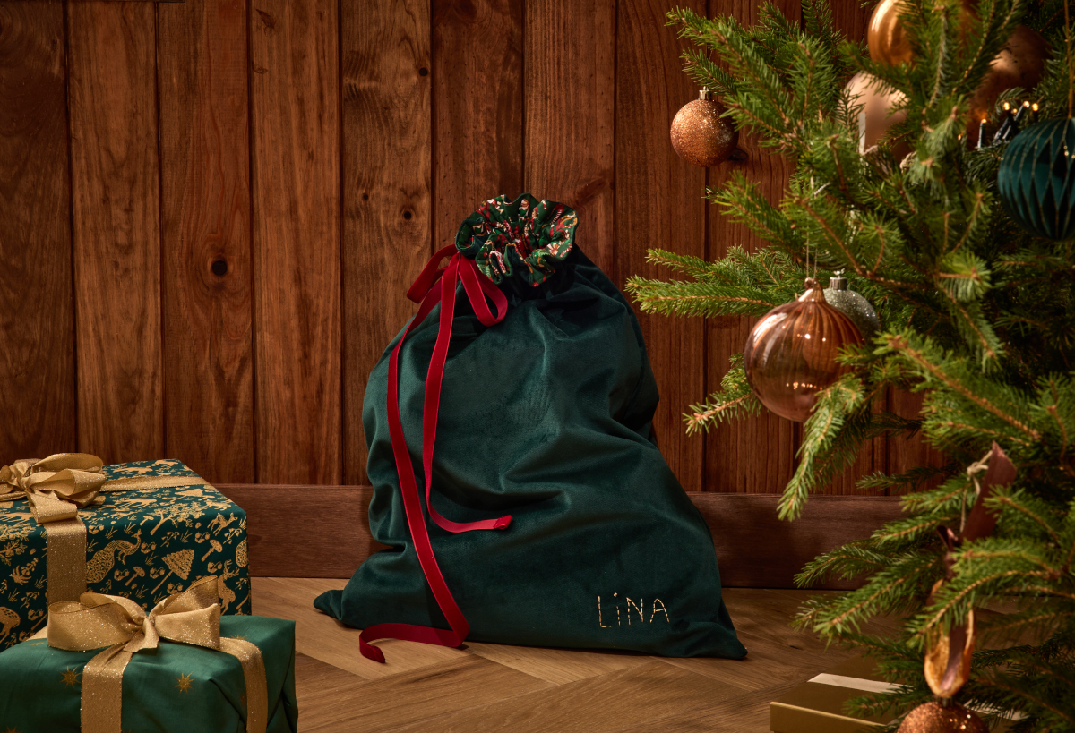 sac cadeaux Noël velours vert Mondial Tissus