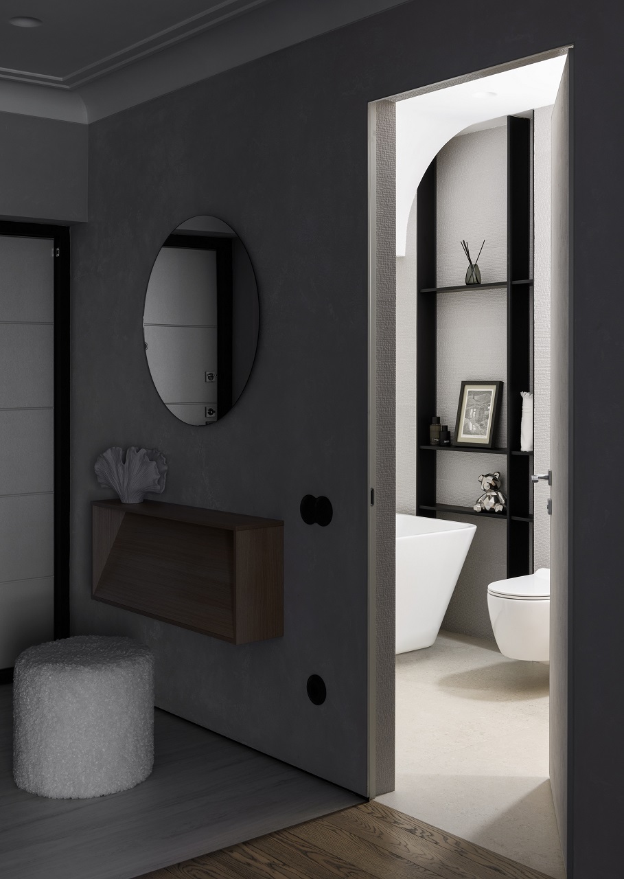 entrée et salle de bain décoration contemporaine tons neutres