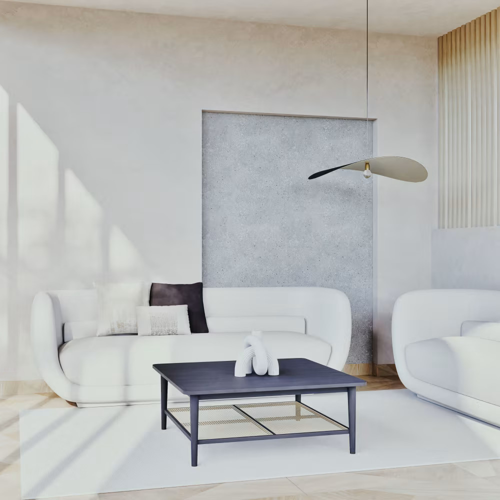 salon épuré blanc et noir catalogue Maisons du Monde