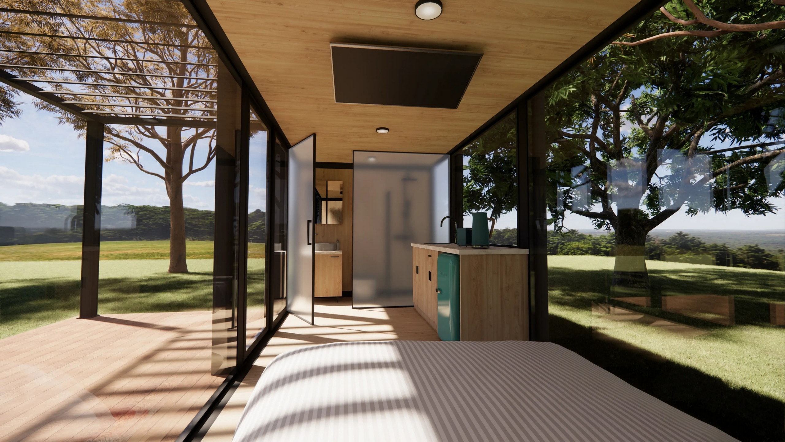 intérieur petite maison compacte 14m2 au design vitré par Elsewhere Pods intérieur petite maison compacte 14m2 au design vitré par Elsewhere Pods