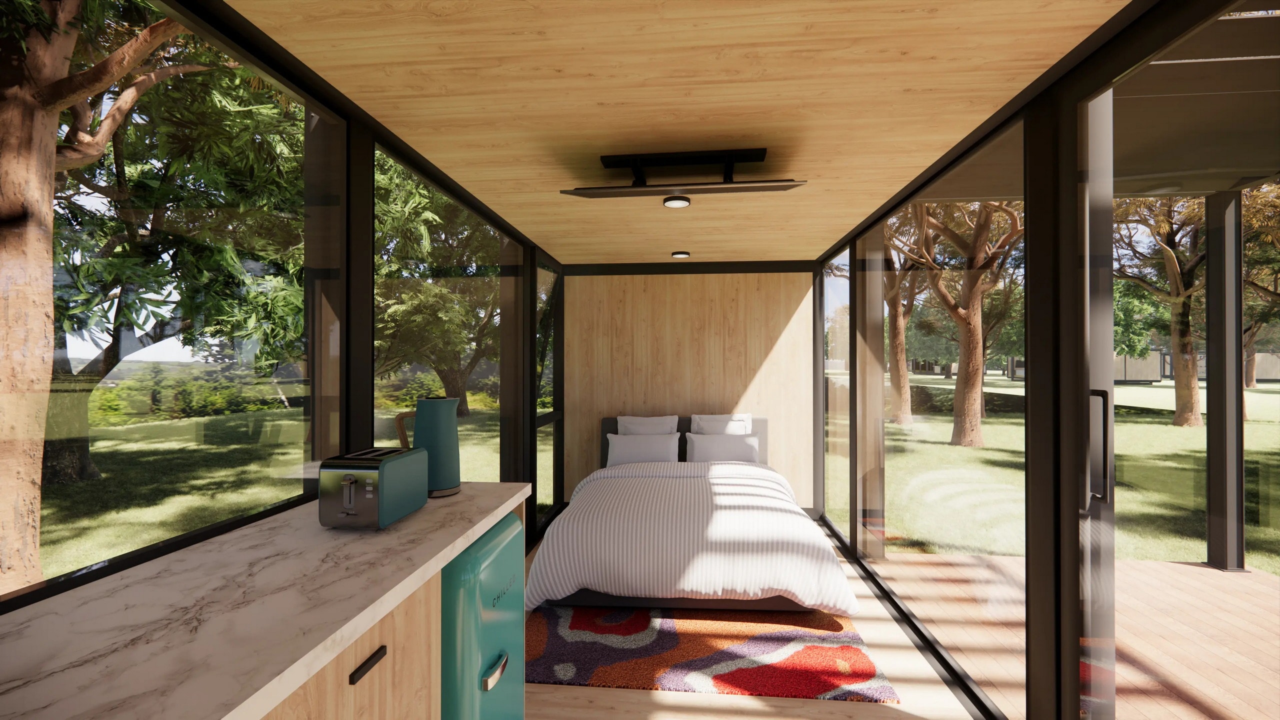 intérieur petite maison compacte 14m2 au design vitré par Elsewhere Pods intérieur petite maison compacte 14m2 au design vitré par Elsewhere Pods