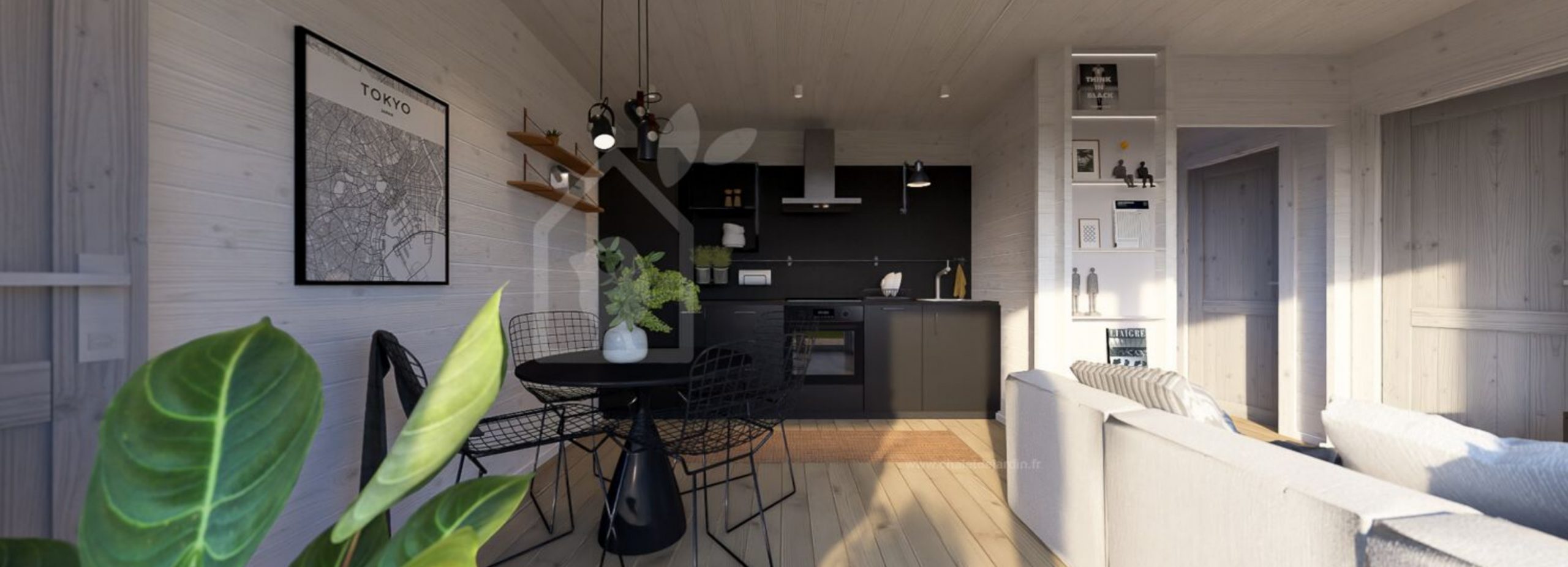 salon et cuisine petite maison en bois contemporaine de 42m2 par Chalet de Jardin