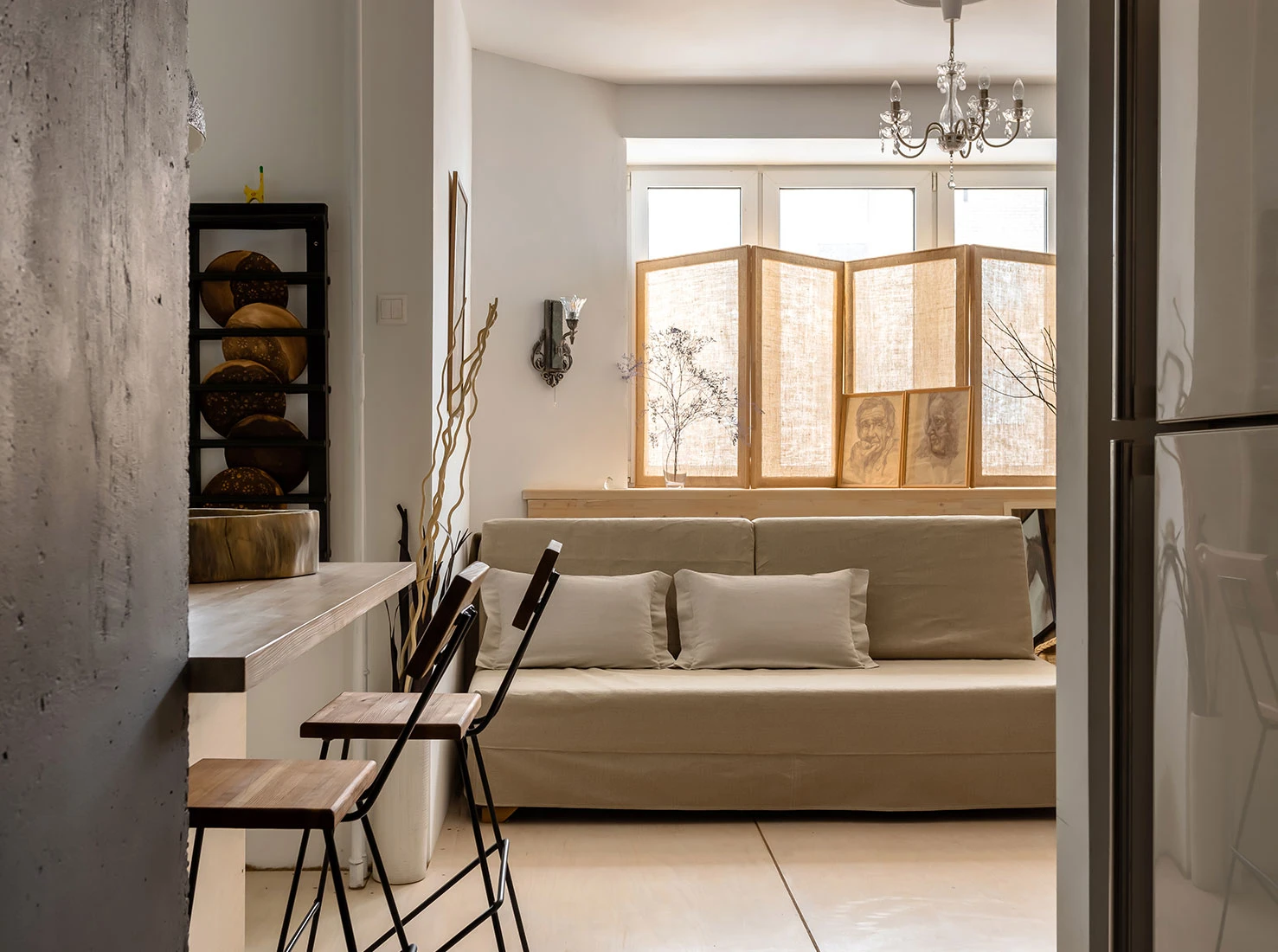 cuisine ouverte et salon décoration neutre et naturelle studio 44m2 cuisine ouverte et salon décoration neutre et naturelle studio 44m2