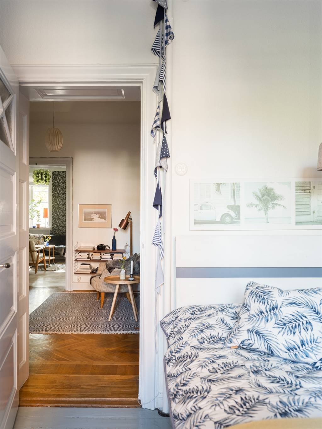 chambre décoration scandinave vintage bleue