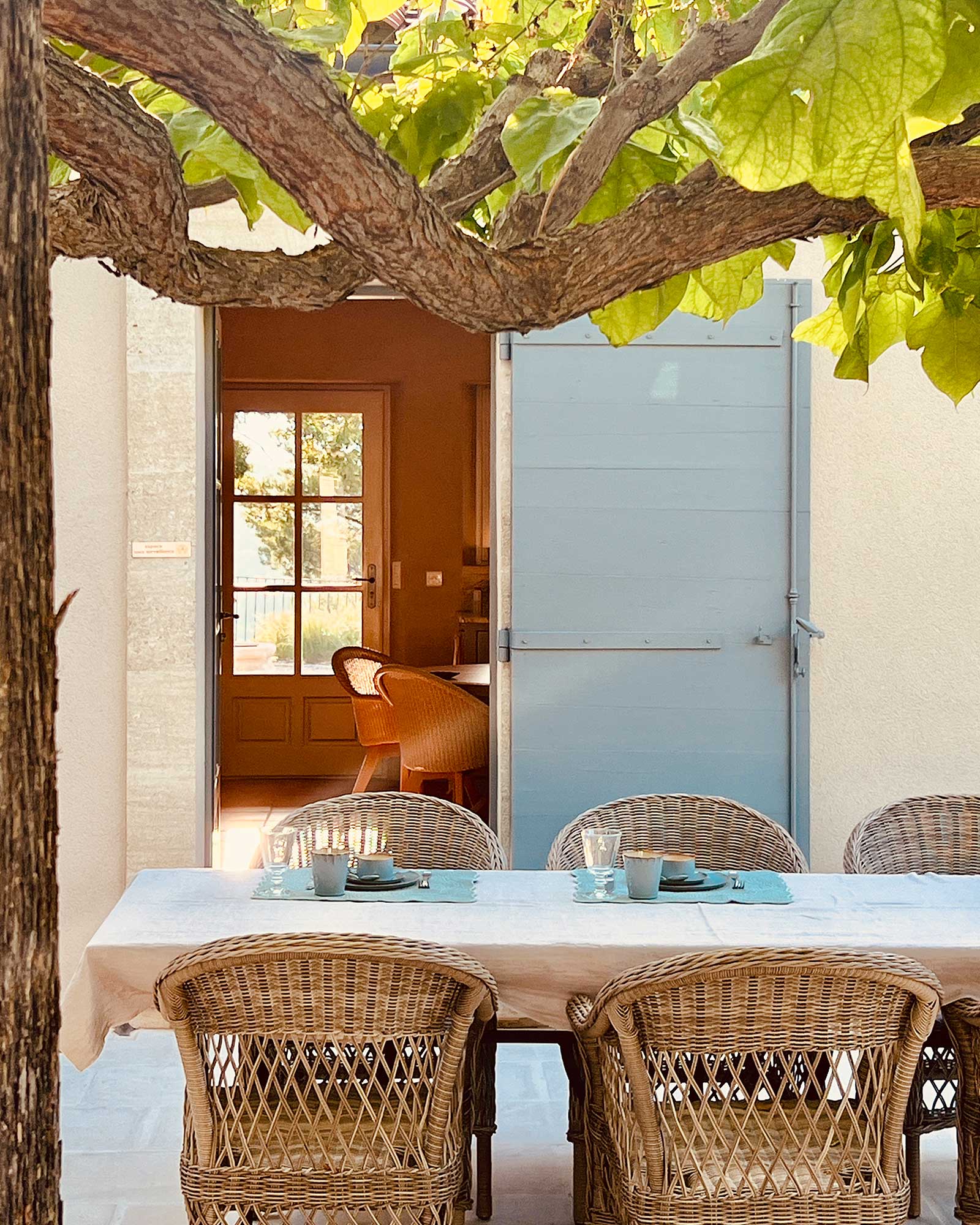 salle à manger sur terrasse maison provençale avec volets bleus et figuier salle à manger sur terrasse maison provençale avec volets bleus et figuier