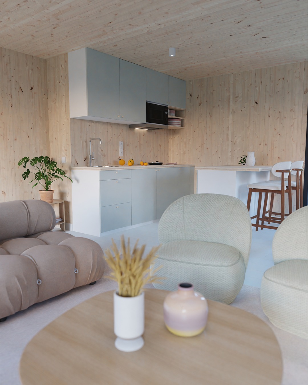 cuisine ouverte et salon maison en bois préfabriquée française Greenkub