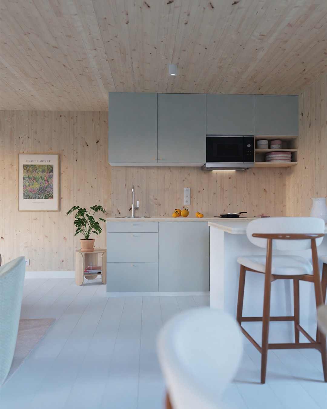 cuisine ouverte grise maison en bois préfabriquée française Greenkub