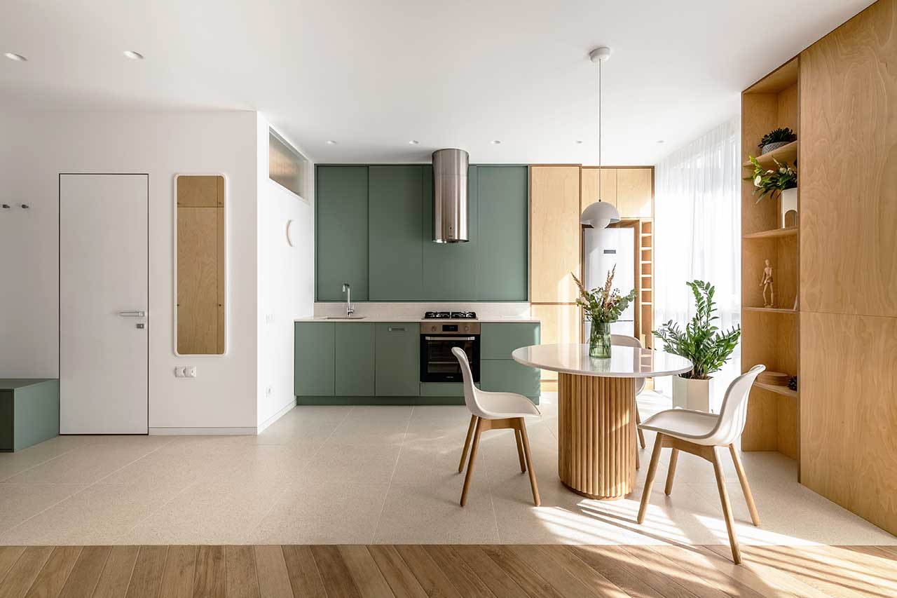 cuisine verte studio 40m2 avec lit escamotable décoration contemporaine bois clair et couleurs naturelles cuisine verte studio 40m2 avec lit escamotable décoration contemporaine bois clair et couleurs naturelles