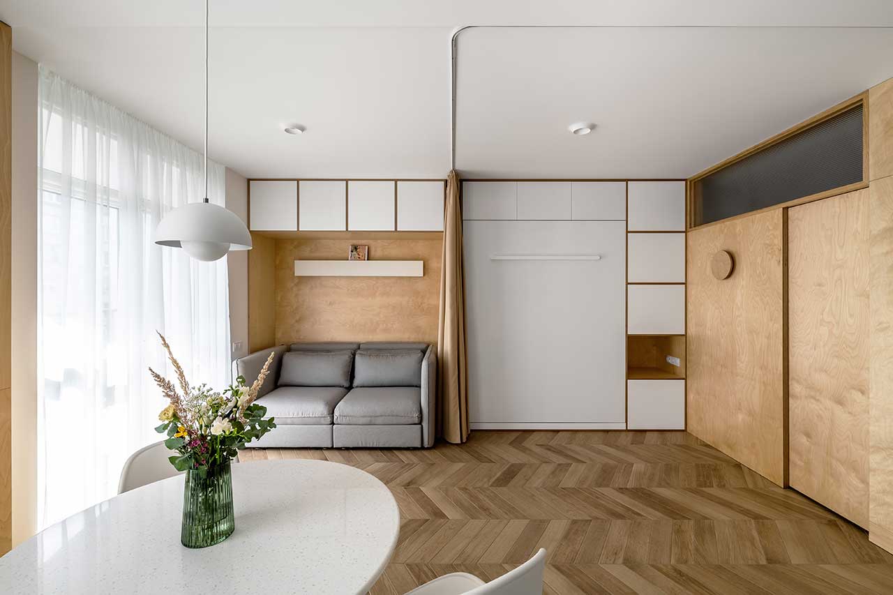 studio 40m2 avec lit escamotable décoration contemporaine bois clair et couleurs naturelles studio 40m2 avec lit escamotable décoration contemporaine bois clair et couleurs naturelles