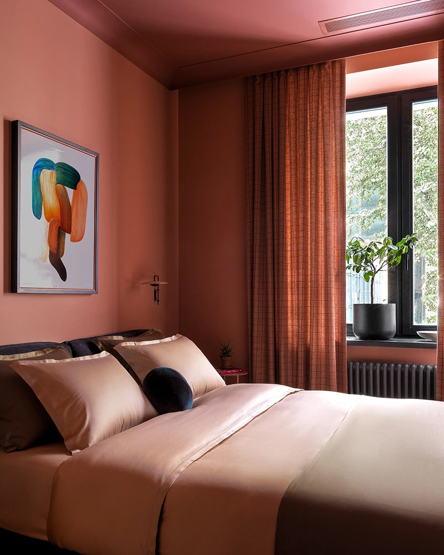 chambre murs et plafond terracotta deux-pièces 49m2 décoration contemporaine chambre murs et plafond terracotta deux-pièces 49m2 décoration contemporaine