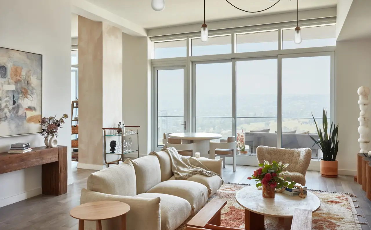 salon décoration contemporaine avec baies vitrées et vue sur Los Angeles salon décoration contemporaine avec baies vitrées et vue sur Los Angeles