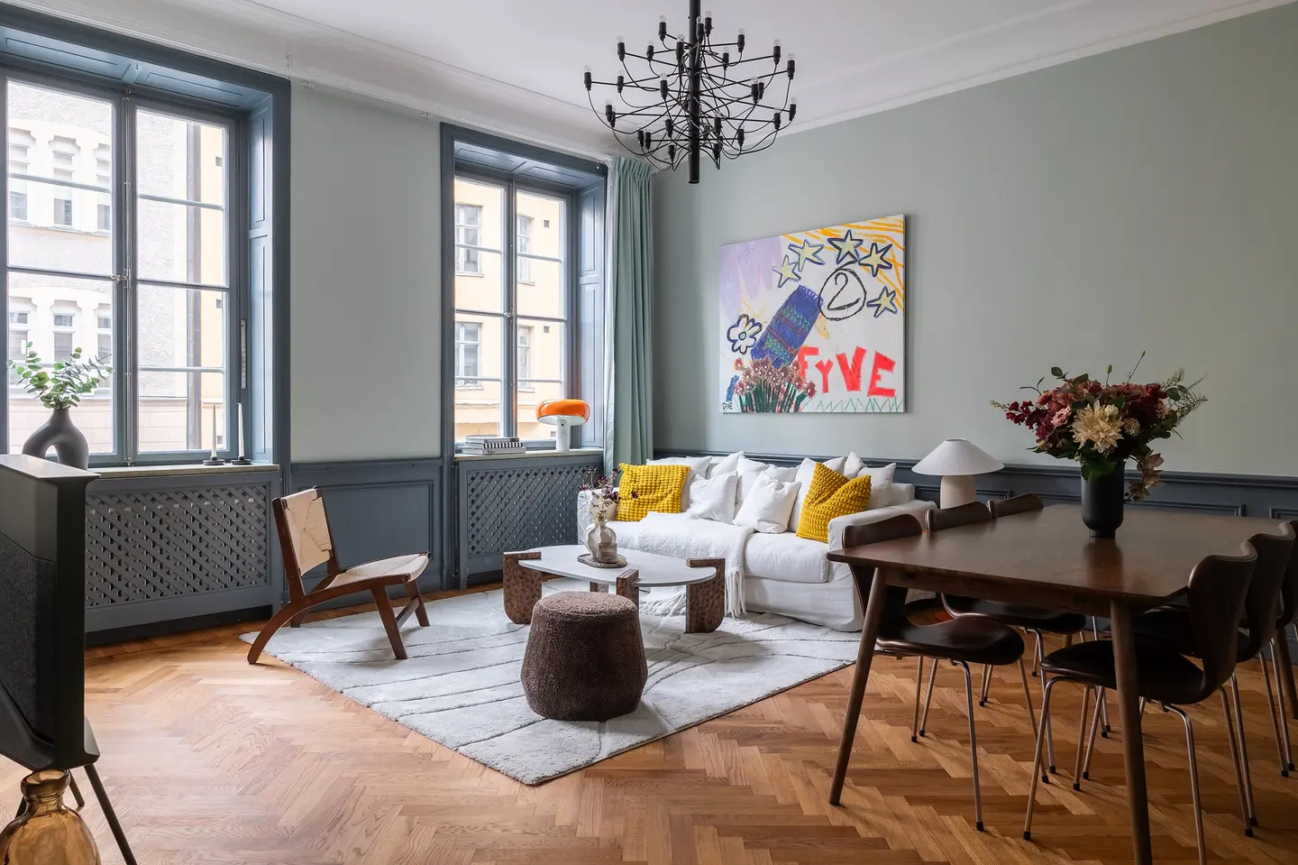 salon murs gris et vert sauge appartement 54m2 décoration scandinave