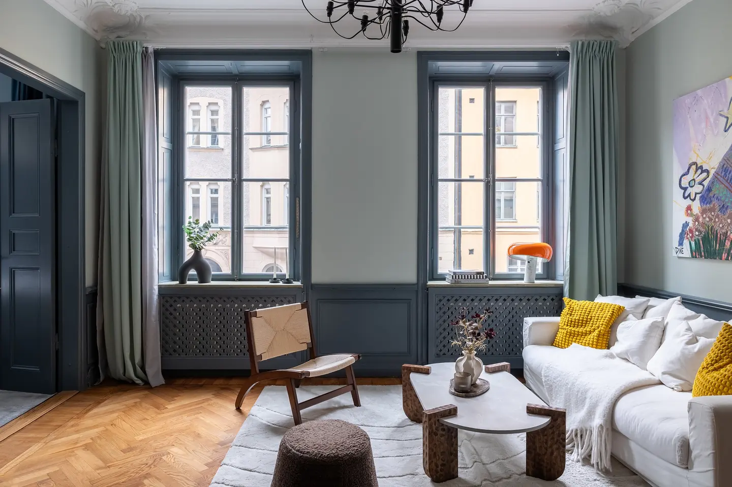 salon murs gris et vert sauge appartement 54m2 décoration scandinave