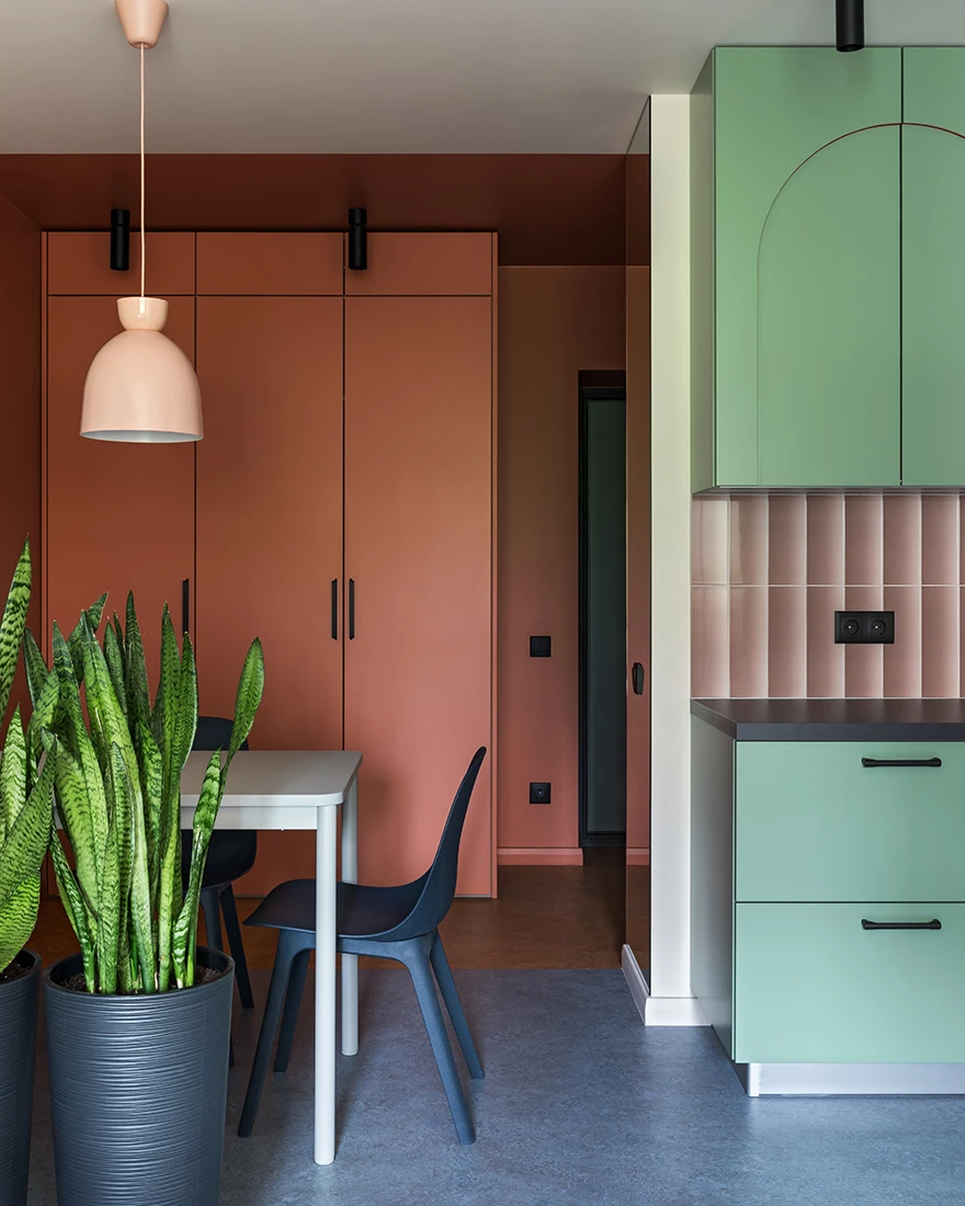 cuisine et salle à manger appartement 36m2 color block