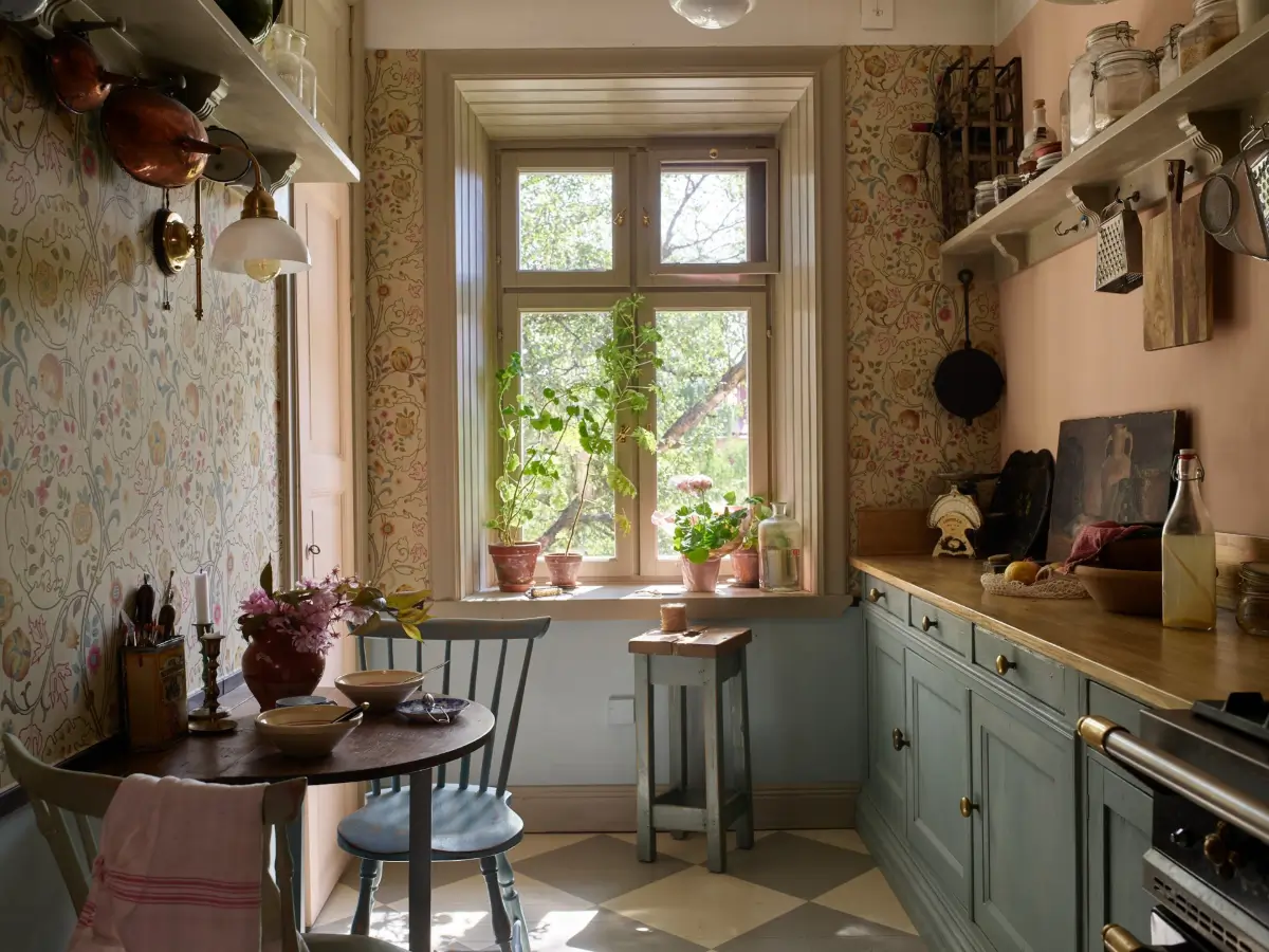 cuisine verte néo rustique papier-peint William Morris Mary Isobel décoration scandinave cuisine verte néo rustique papier-peint William Morris Mary Isobel décoration scandinave