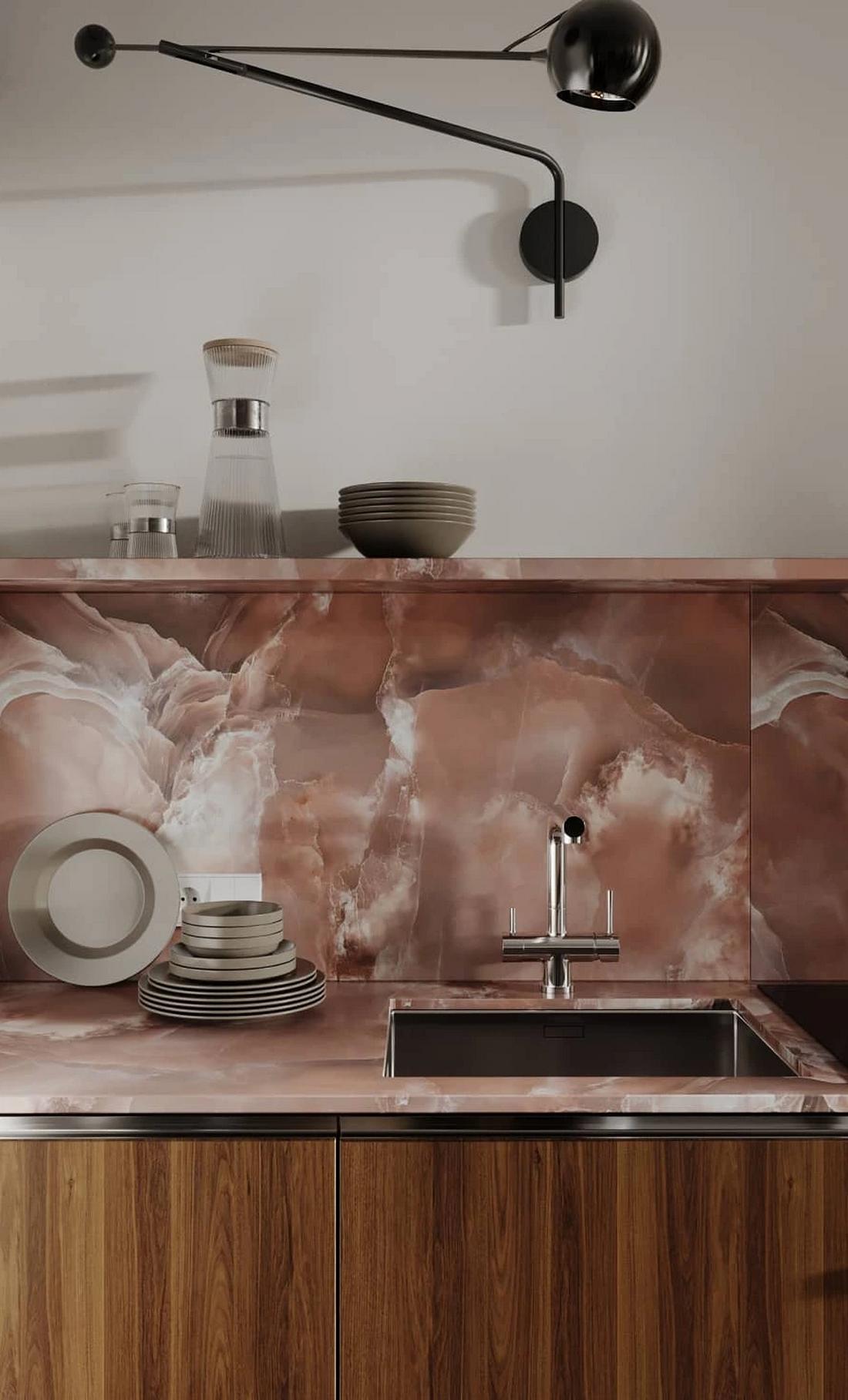 cuisine noyer et marbre rose studio de 33m2 cuisine noyer et marbre rose studio de 33m2