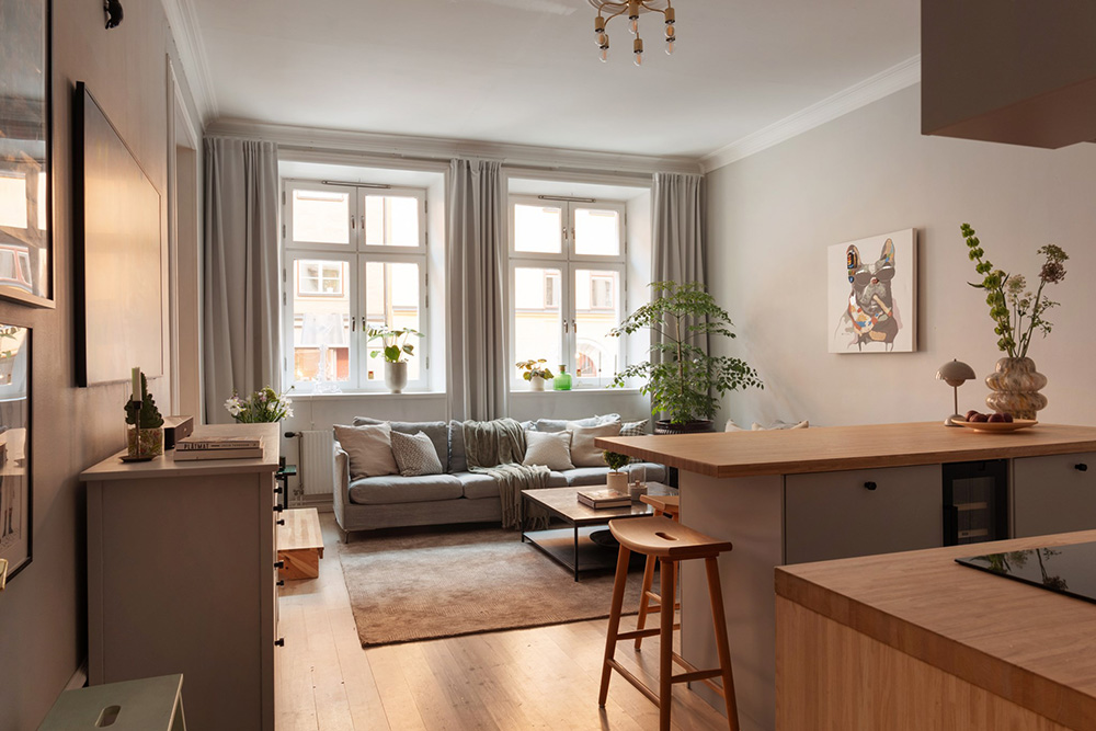 salon et cuisine ouverte design grise dans appartement classique de 85m2 décoration contemporaine
