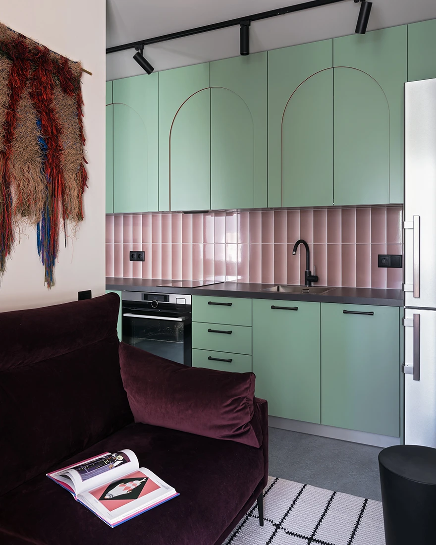 cuisine et salon appartement 36m2 color block