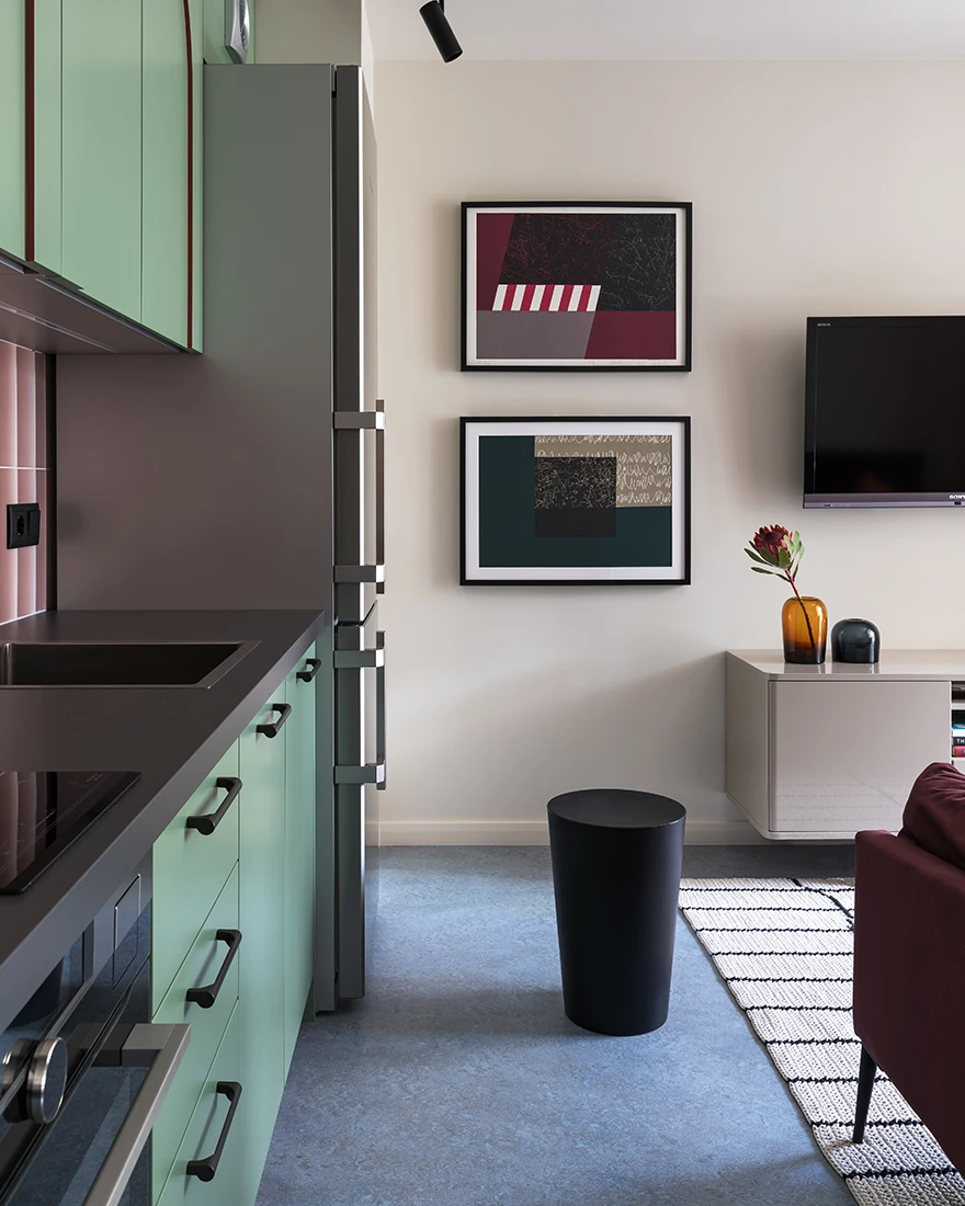 cuisine et salon appartement 36m2 color block