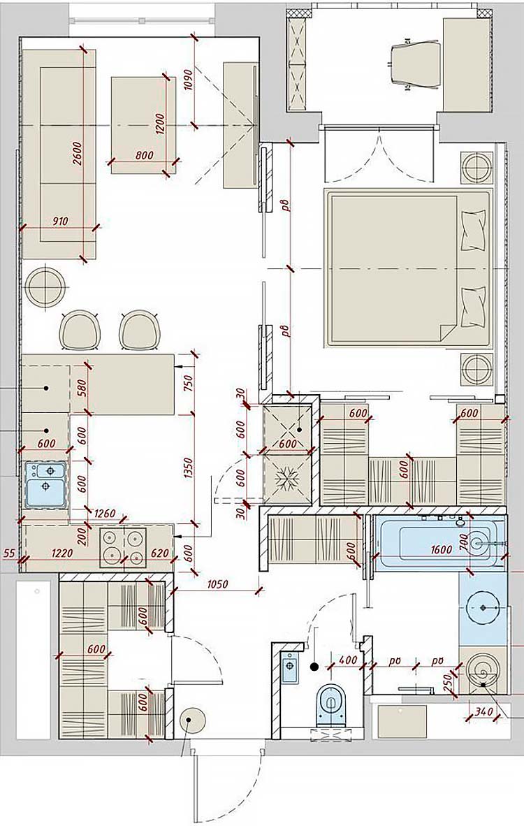 plan deux-pièces 48m2 décoration design