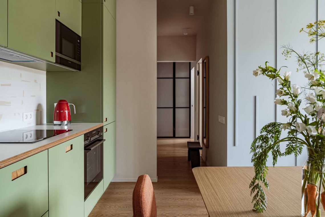 cuisine ouverte verte appartement 62m2 décoration colorée