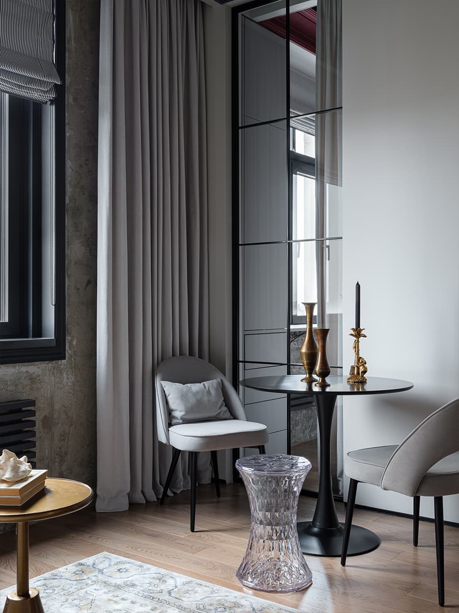 espace salle à manger design avec table pied tulipe deux-pièces de 41m2 décoration contemporaine
