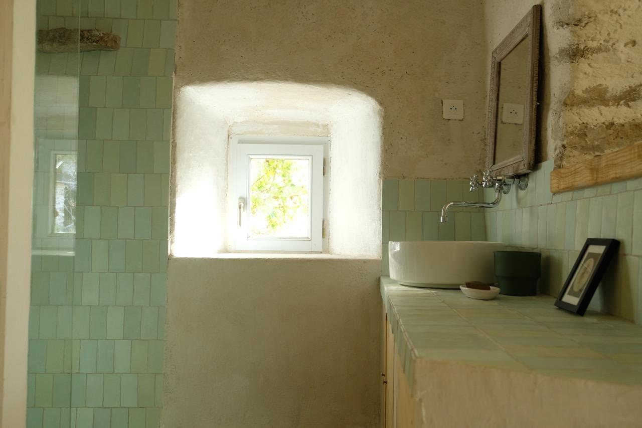 salle de bain verte ancienne ferme rénovée Vercors Les Écailles