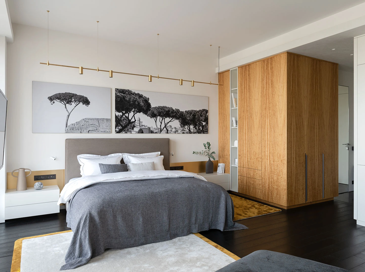 espace chambre ouvert studio 45m2 décoration design grise et jaune moutarde espace chambre ouvert studio 45m2 décoration design grise et jaune moutarde