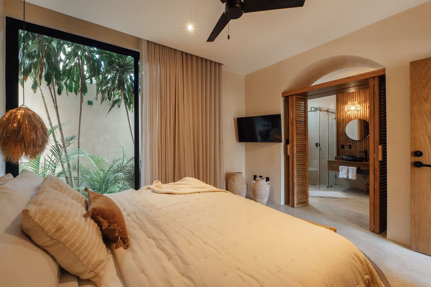 chambre couleurs naturelles décoration contemporaine maison avec piscine Tulum