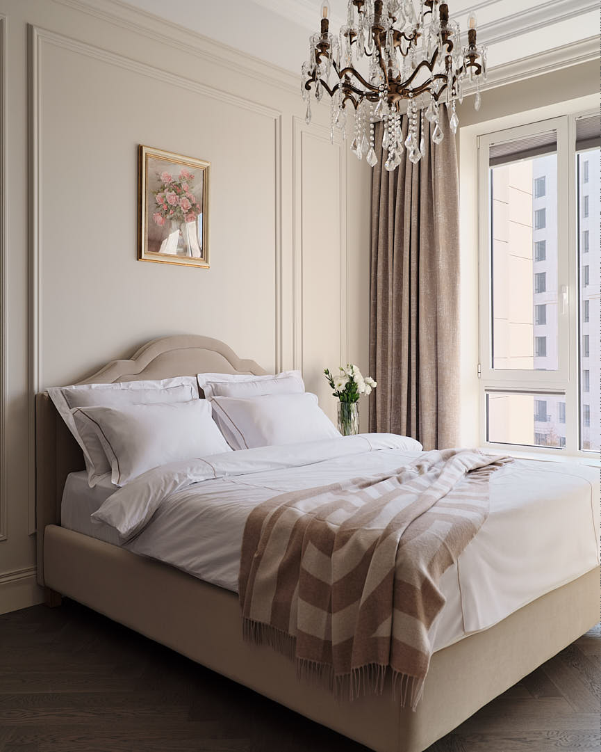 chambre beige avec moulures appartement Kazakhstan décoration classique chic