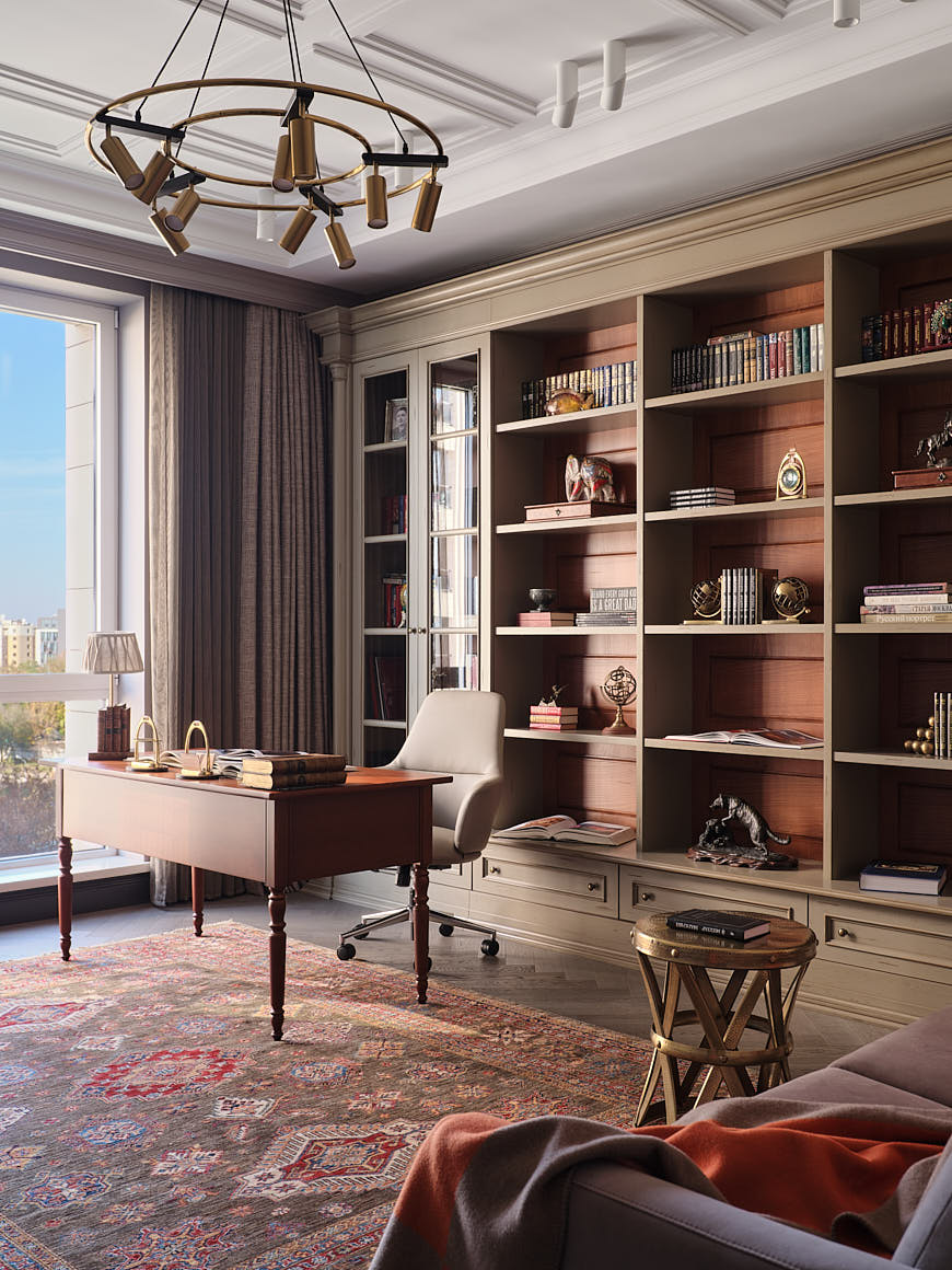 bureau avec bibliothèque sur mesure appartement Kazakhstan décoration classique chic