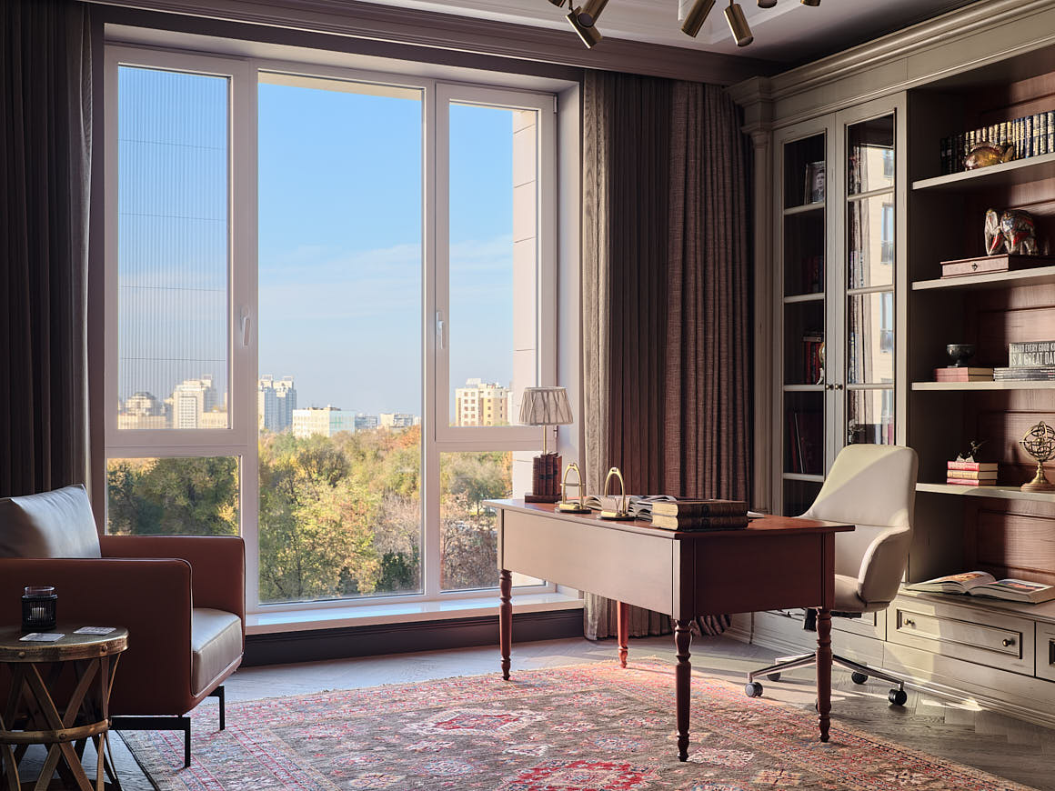 bureau avec bibliothèque sur mesure appartement Kazakhstan décoration classique chic