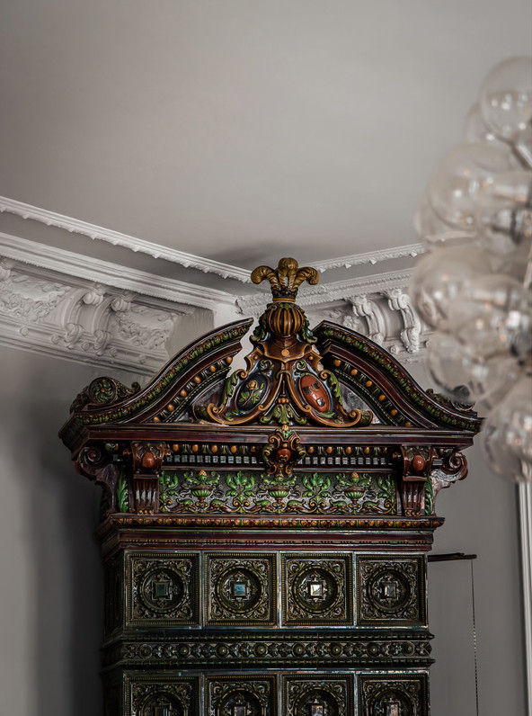 salon avec moulures stucs rosaces et poêle ancien appartement décoration scandinave