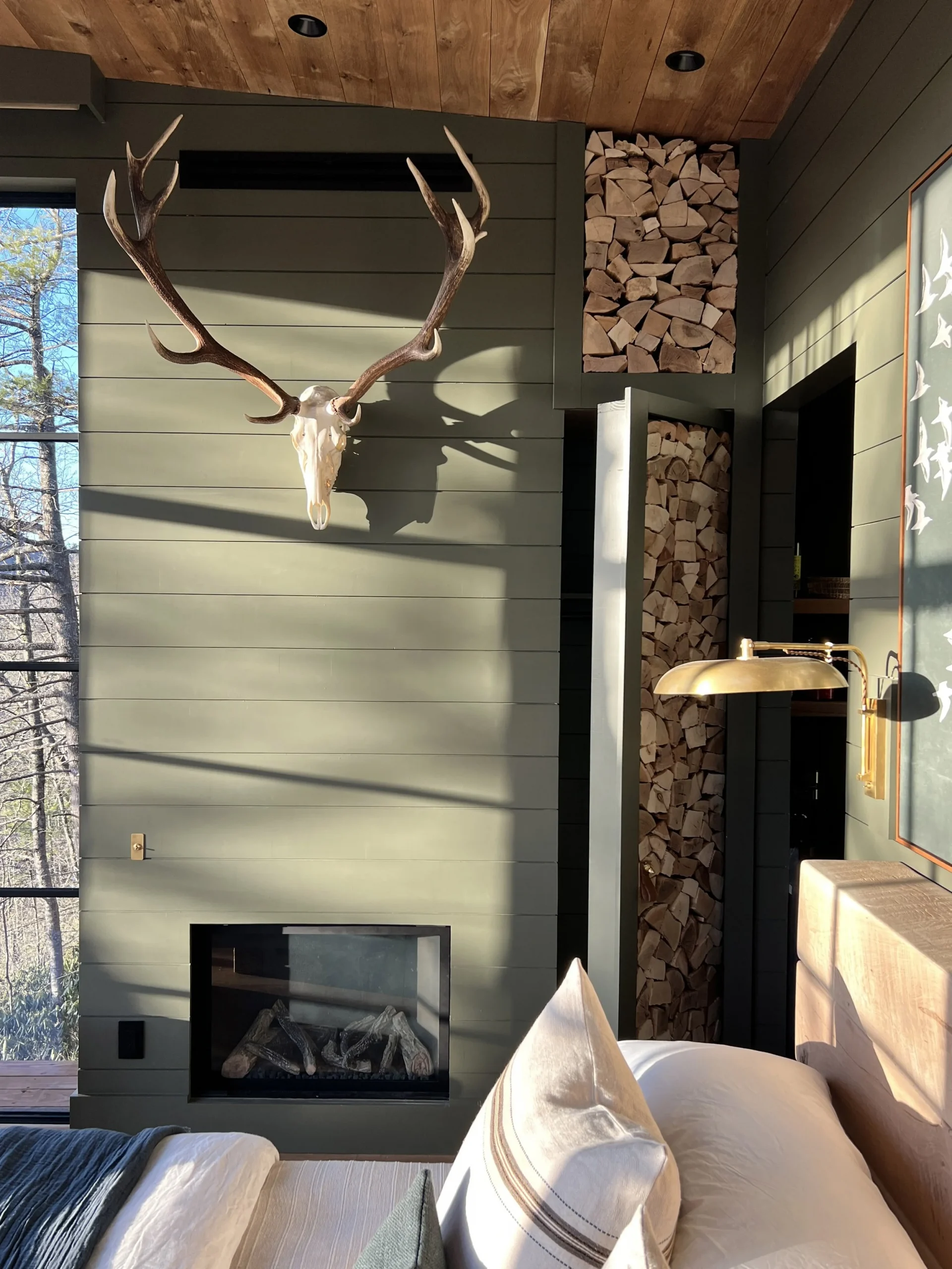 chambre avec cheminée cabane vitrée au milieu des arbres Hide Inn Seek Bird Nest Treehouse