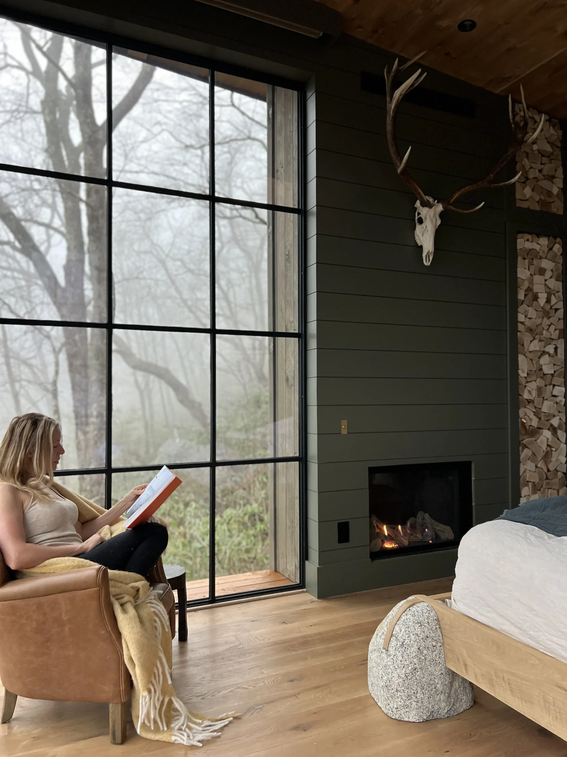 chambre avec baie vitrée et cheminée cabane vitrée au milieu des arbres Hide Inn Seek Bird Nest Treehouse