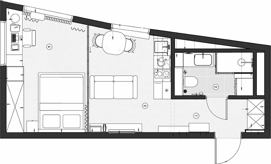 plan studio 27m2 avec verrière