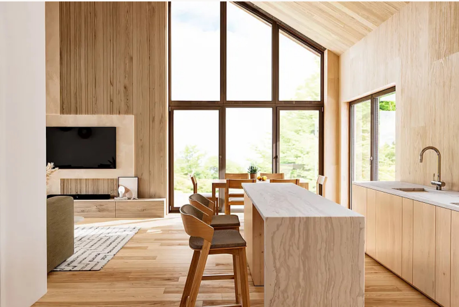 cuisine et salon avec pignon vitré décoration naturelle maison française en bois 113m2 CHALET PRO Modèle NYONS