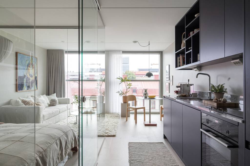 cuisine et salon avec chambre vitrée studio 34m2 décoration contemporaine