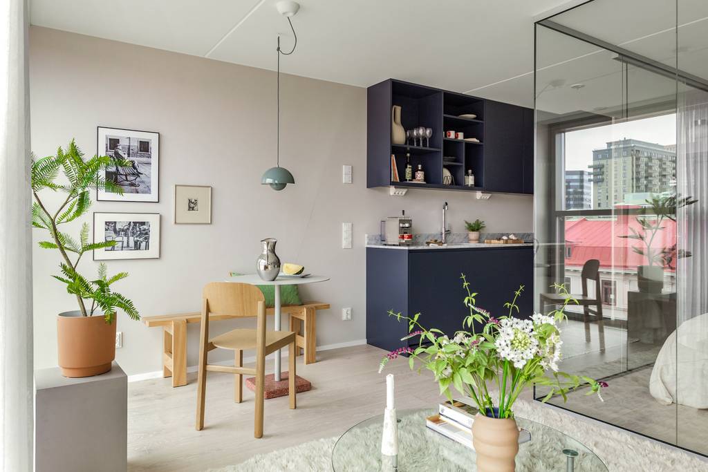 cuisine et salon avec chambre vitrée studio 34m2 décoration contemporaine