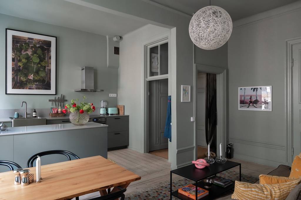 salon cuisine ouverte et salle à manger appartement 38m2 décoration scandinave