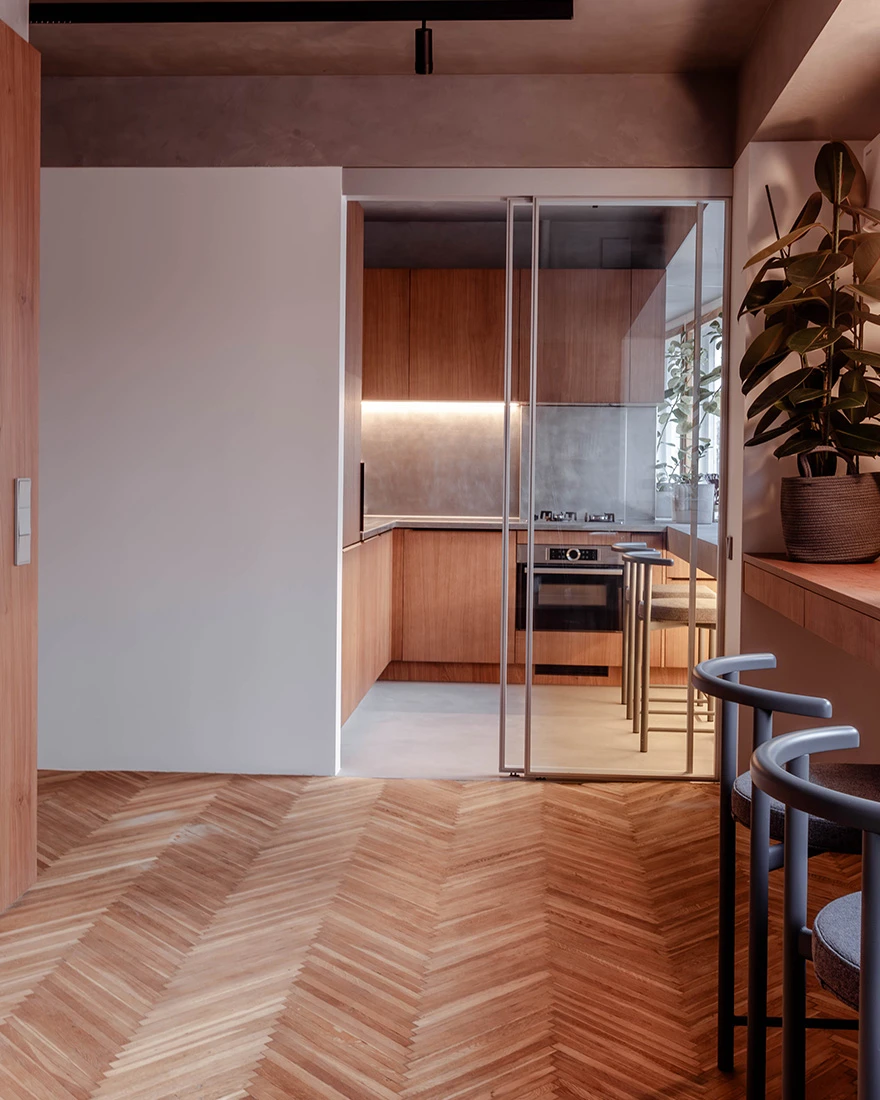 cuisine avec porte coulissante verre studio 40m2 décoration contemporaine bois et gris